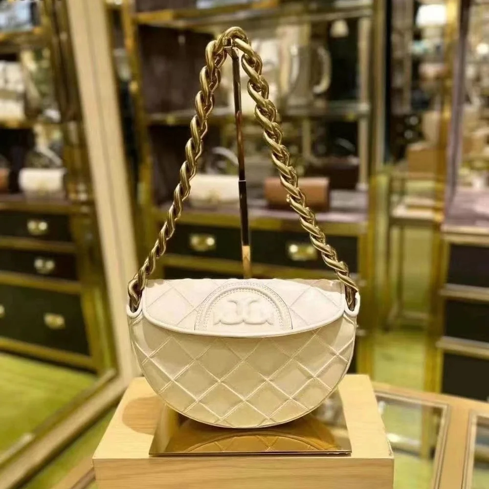 Tory Burch Fleming Half Moon Cream Quilted Shoulder Bag - Picture 1 of 9